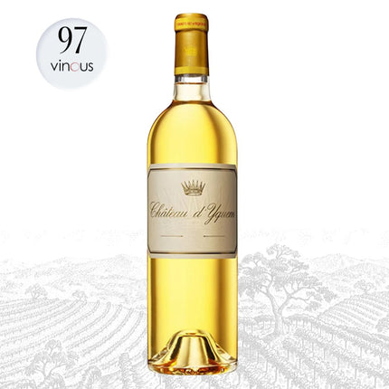 Bottle of Château d'Yquem wine with a white background and '97 vincus' rating.