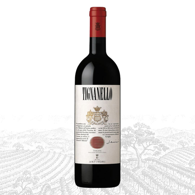 Wine bottle with Tignanello label on a white background