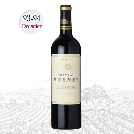 Wine bottle with Chateau Meyney label and Decanter rating on a white background