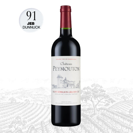 Bottle of Château Peymouton wine with a Jeb Dunnuck score on a white background