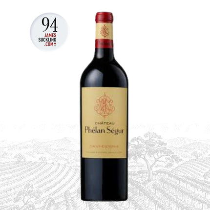 Bottle of Château Phélan Ségur wine with James Suckling score on a white background
