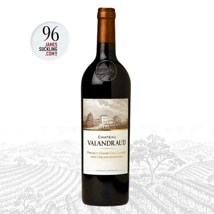 Chateau Valandraud wine bottle with James Suckling score on a white background