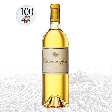 Bottle of Château d'Yquem wine with a James Suckling score label on a white background