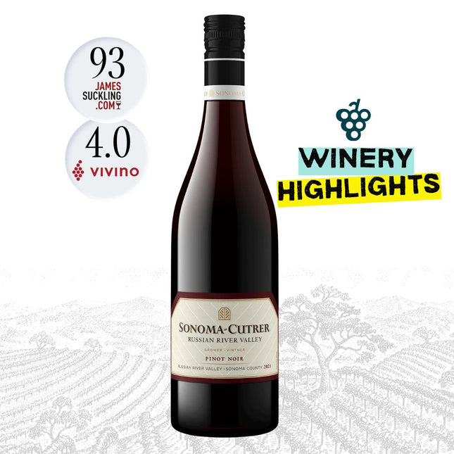 A bottle of Sonoma-Cutrer Russian River Valley Pinot Noir wine centered on a white background with faint vineyard artwork. Two circular rating callouts appear on the left ('93 James Suckling .