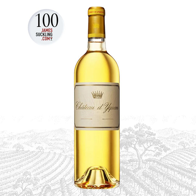 Bottle of Château d'Yquem wine with a James Suckling score label on a white background