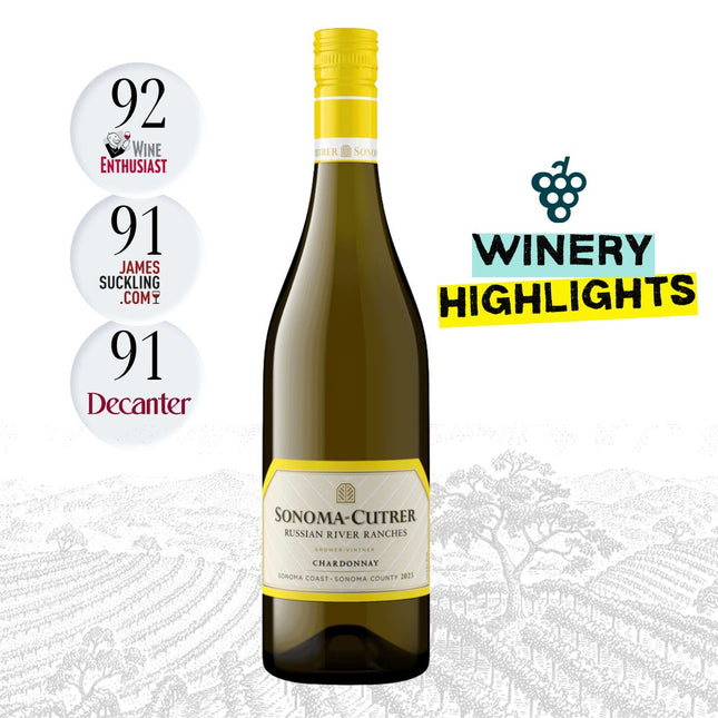 A bottle of Sonoma-Cutrer Human River Ranch Chardonnay centered on a white background with promotional badges on the left and a 'Winery Highlights' logo on the right.