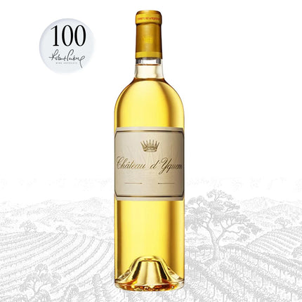 Bottle of Château d'Yquem wine on a white background with '100 Points' label.