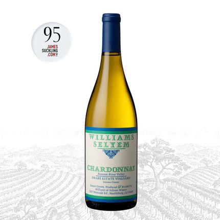 A bottle of Williams Selkem Chardonnat from Drake Estate Vineyard centered on a white background with faint vineyard artwork. Two circular callouts on the left read 95 and 4.