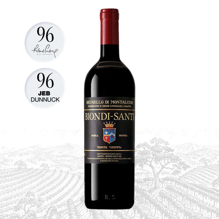 A bottle of Biondi-Santi Brunello di Montalcino red wine with a dark label and red foil, shown on a white background with two circular 96 rating badges on the left.