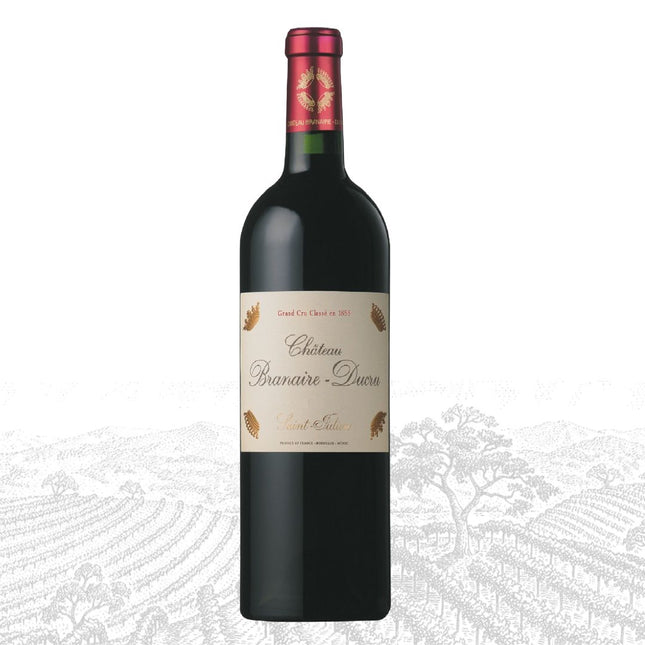 Red wine bottle with a visible label on a white background