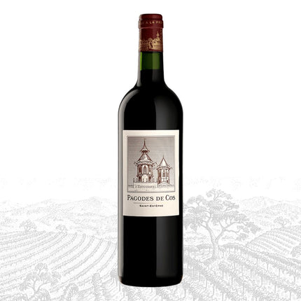 Wine bottle with 'Pagodes de Cos' label on a white background