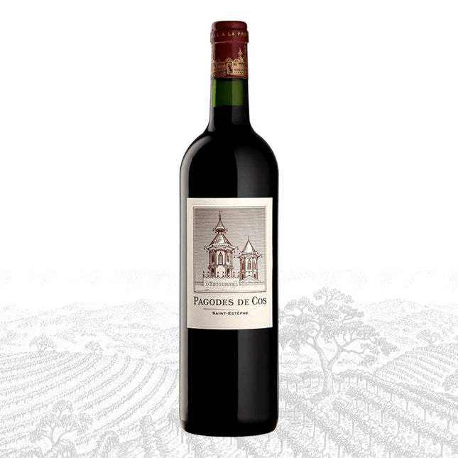 Wine bottle with 'Pagodes de Cos' label on a white background