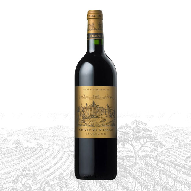 Red wine bottle with a gold label on a white background