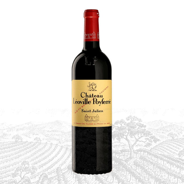 Red wine bottle with a yellow label on a white background