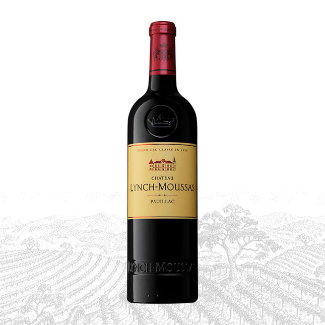 Bottle of Chateau Lynch-Moussas wine on a white background