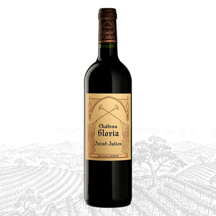 Wine bottle with 'Chateau Gloria Saint-Julien' label on a white background