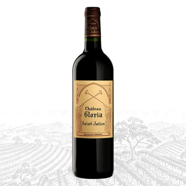 Wine bottle with 'Chateau Gloria Saint-Julien' label on a white background