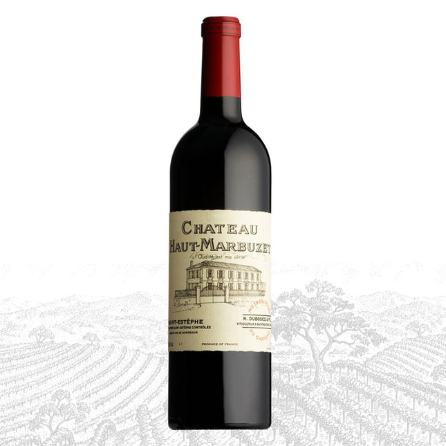 Red wine bottle with 'Chateau Haut-Marbuzet' label on a white background
