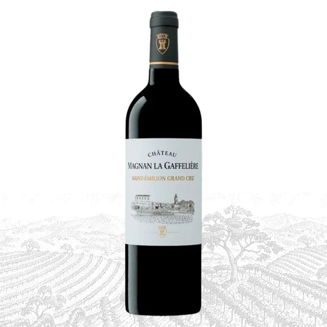 Red wine bottle with a white label on a light gray background