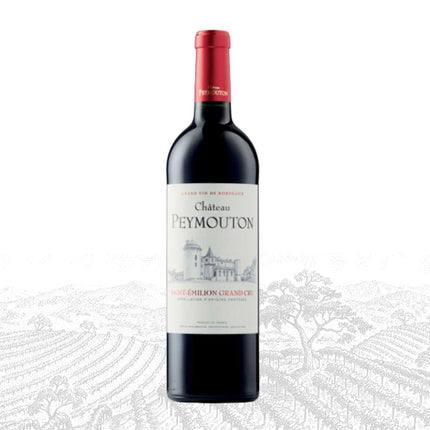 Red wine bottle with a white label featuring 'Chateau Peymouton' on a white background.