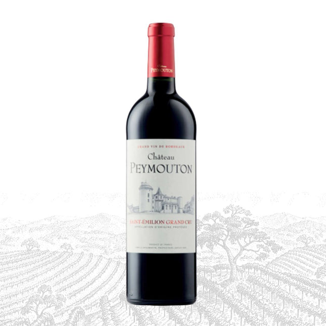 Red wine bottle with a white label featuring 'Chateau Peymouton' on a white background.