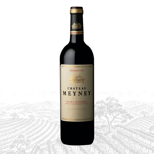 Chateau Meyney wine bottle on a white background