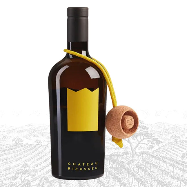 Wine bottle with yellow label and cork on a white background