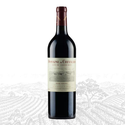 Red wine bottle with 'Domaine de Chevalier' label on a white background
