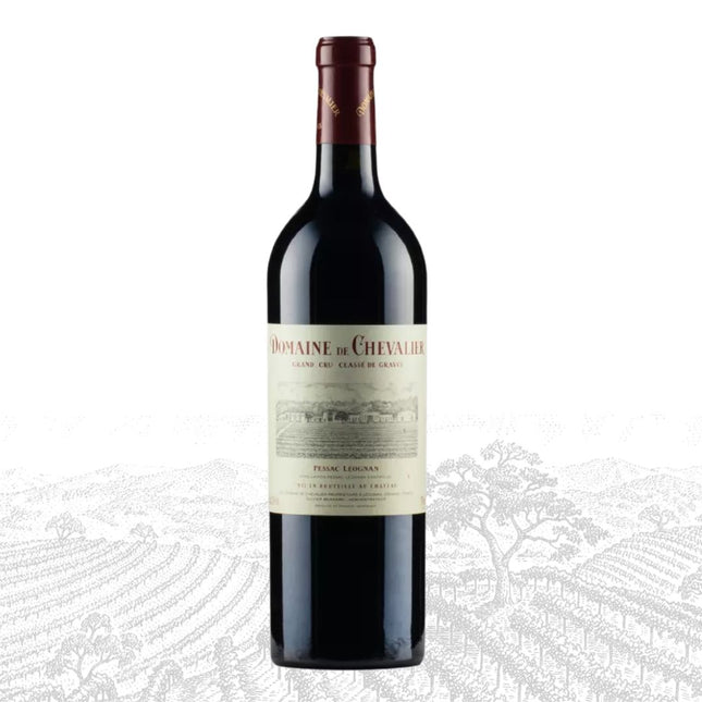 Red wine bottle with 'Domaine de Chevalier' label on a white background