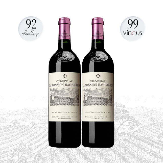 Two bottles of Chateau La Mission Haut-Brion wine with wine rating labels on a white background.