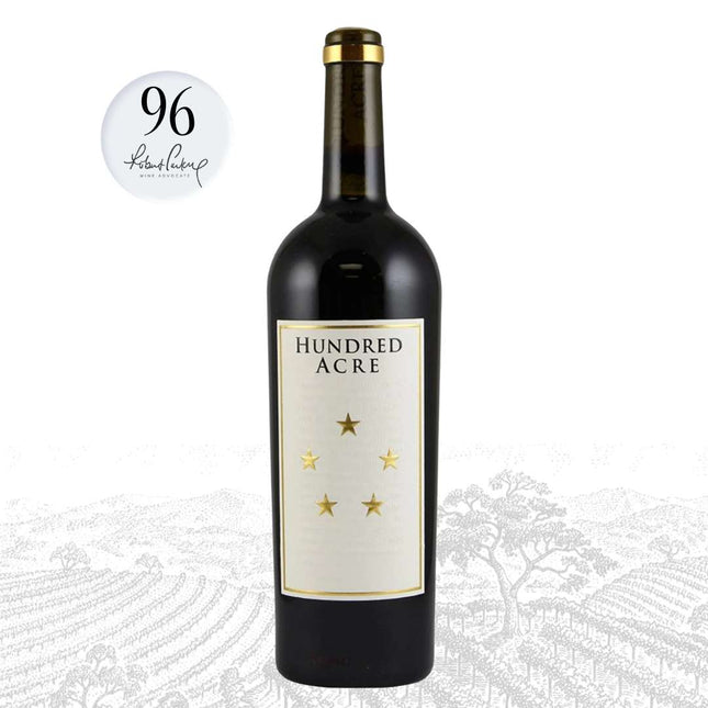 A bottle of Hundred Acre Red Label wine against a white background with a faint vineyard illustration. A circular '96 Pinnacle Award' badge is visible in the upper left corner.