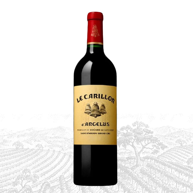 Red wine bottle with 'Le Carillon d'Angelus' label on a white background