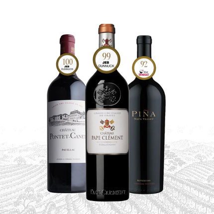 Three wine bottles with labels and ratings on a white background