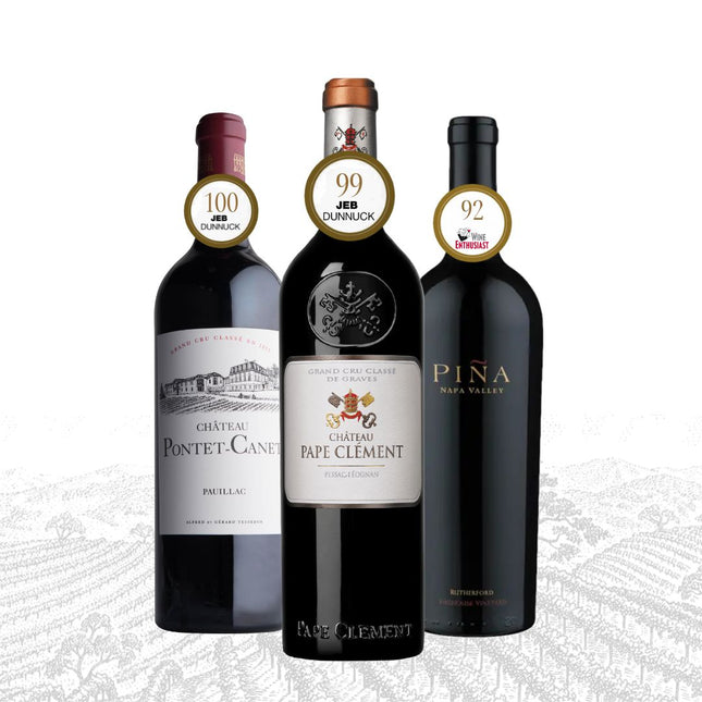 Three wine bottles with labels and ratings on a white background