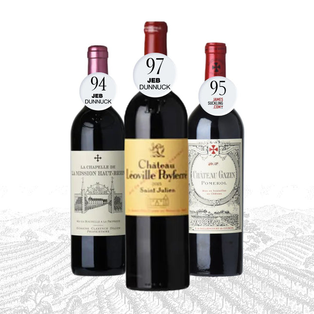Three wine bottles with labels showing ratings on a white background