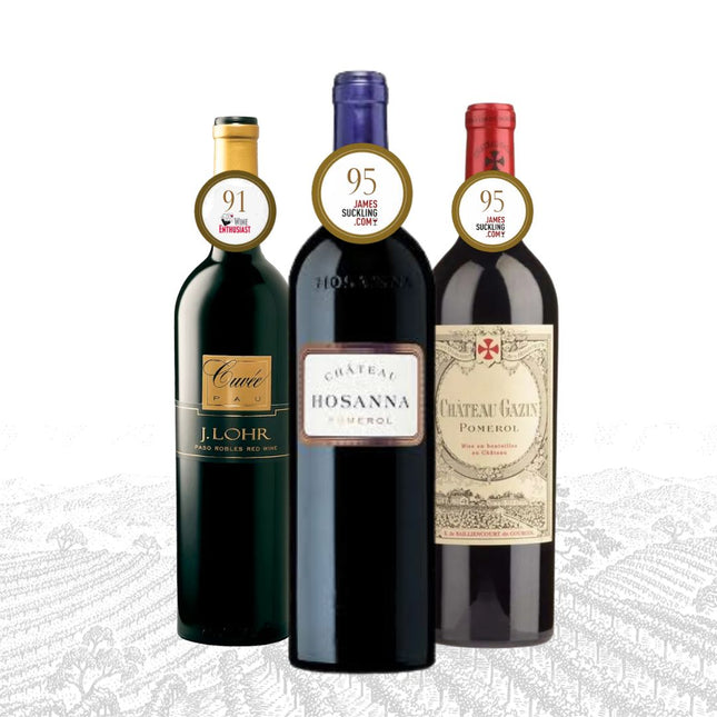 Three wine bottles with labels and ratings on a white background