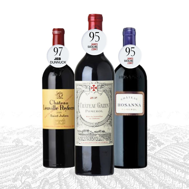 Three wine bottles with labels and ratings on a white background