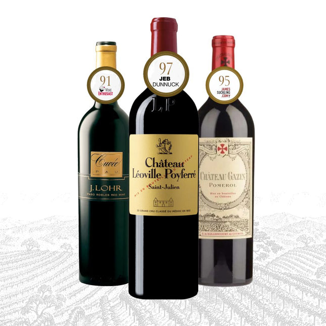 Three wine bottles with labels and ratings on a white background