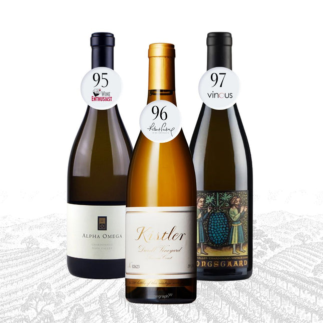 Three wine bottles with ratings on labels against a white background