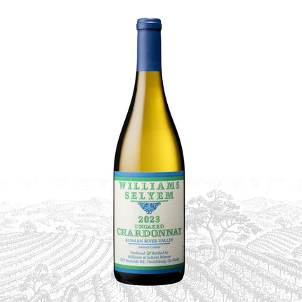 Bottle of Williams Selyem 2023 Chardonnay with a 93 rating from Wine Enthusiast on a white background