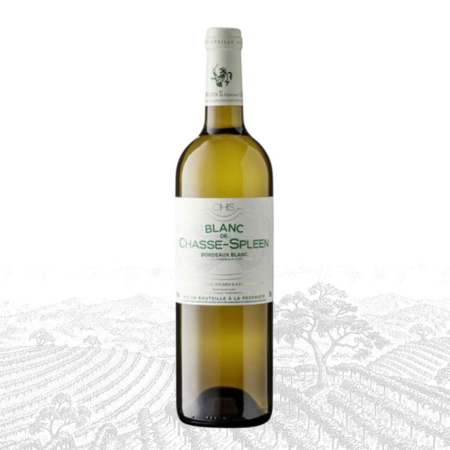 Bottle of Chasse-Spleen Blanc wine on a white background