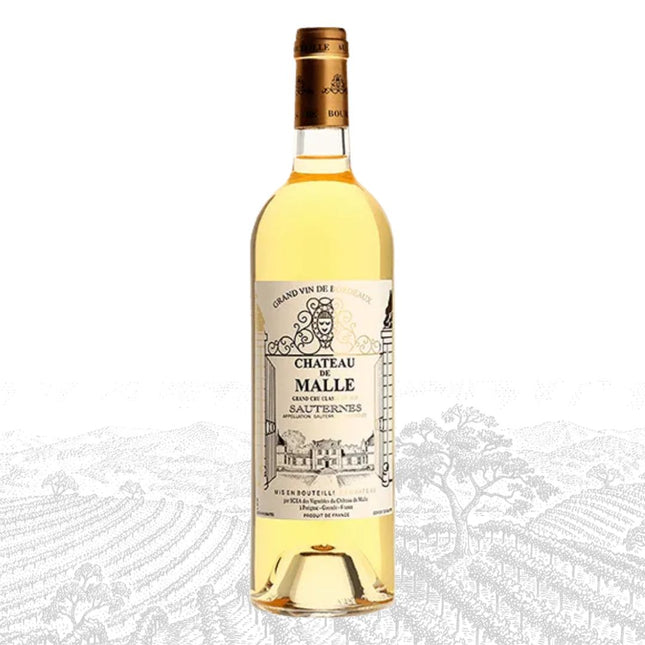 Bottle of Chateau Malle wine on a white background