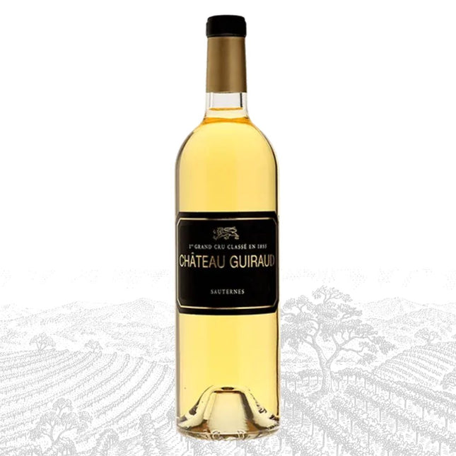 Bottle of Château Guiraud white wine on a white background