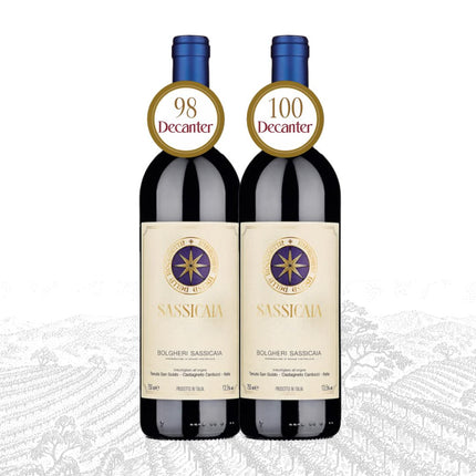 Two bottles of Sassicaia wine with Decanter score labels on a white background