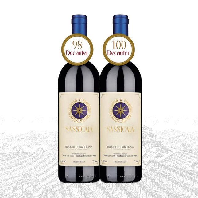 Two bottles of Sassicaia wine with Decanter score labels on a white background