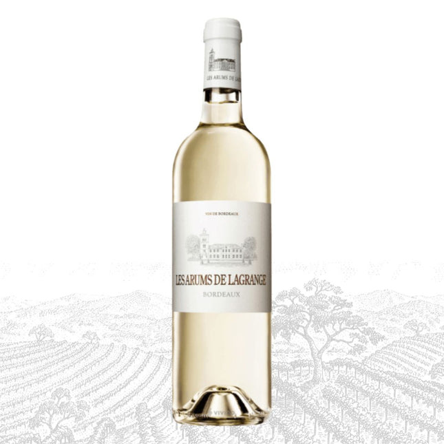 Bottle of white wine with a visible label on a light background