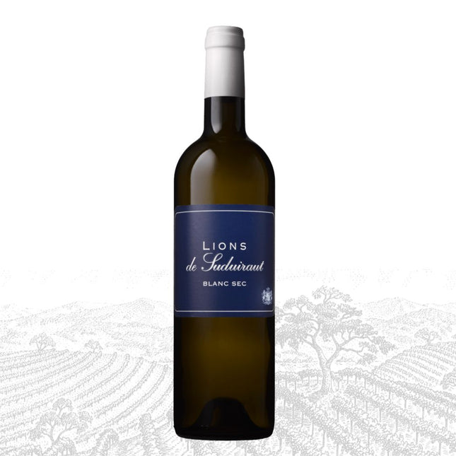 Wine bottle with 'Lions de Suduiraut' label on a white background