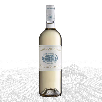 Wine bottle labeled 'Pavillon Blanc' by Chateau Margaux on a white background