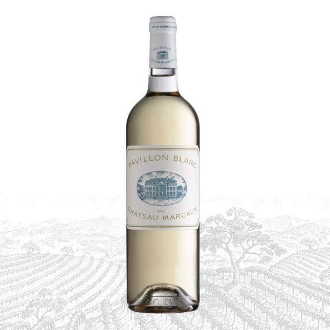 Wine bottle labeled 'Pavillon Blanc' by Chateau Margaux on a white background